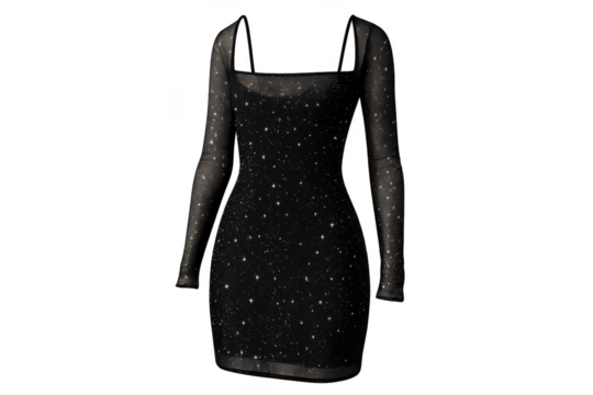 Elegant black dress with shimmering stars isolated on a transparent background.