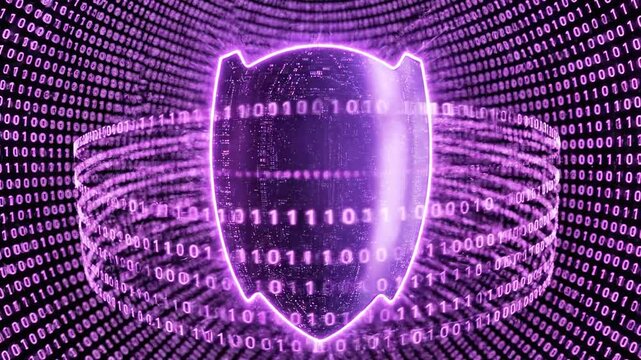 Glowing purple digital shield formed by spiraling circuits and streaming binary data, cybersecurity