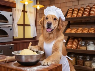 Golden Retriever Baker Dog Preparing Dough in Cozy Bakery With Fresh Breads. A friendly golden retriever wearing a white apron stirs batter and rolls dough in a warm bakery, surrounded by shelves.