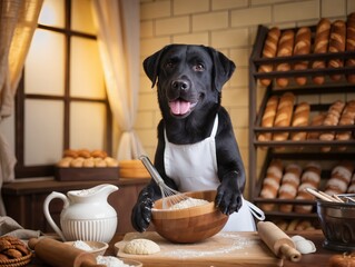 Golden Retriever Baker Dog Preparing Dough in Cozy Bakery With Fresh Breads. A friendly golden retriever wearing a white apron stirs batter and rolls dough in a warm bakery, surrounded by shelves.