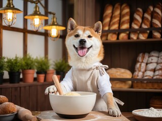Golden Retriever Baker Dog Preparing Dough in Cozy Bakery With Fresh Breads. A friendly golden retriever wearing a white apron stirs batter and rolls dough in a warm bakery, surrounded by shelves.