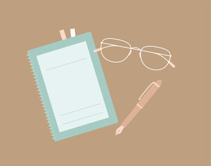 くすみカラーのステーショナリーセット／ノートと万年筆とメガネの勉強デスク