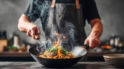 Chef cooking pasta in a wok with flames and steam rising from the dish.