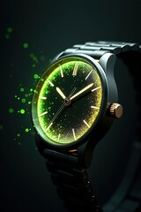 Close up of a modern wristwatch with glowing green and yellow dial