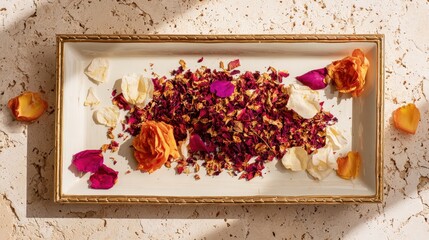 Vintage Tray with Dried Flower Petals Flat Lay