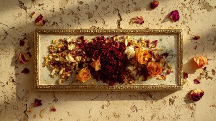 Vintage Tray with Dried Flower Petals Flat Lay