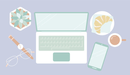 くすみカラーのワークデスクセット／ノートパソコンとクロワッサンの朝の仕事フラットレイ