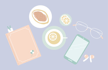 くすみカラーのブレイクタイムセット／日記帳とレモンティーのリラックスフラットレイ