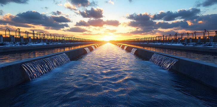 Constructed water channel transporting water to a filtration facility or reservoir, showcasing environmental engineering and water governance