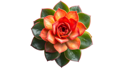 Overhead shot of a vibrant, multi-layered succulent with a rich gradient of colors