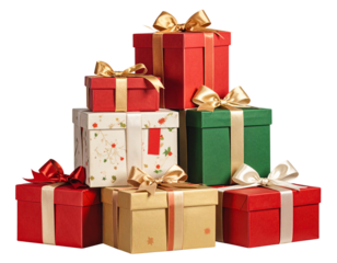 Stack of colorful christmas gift boxes with ribbons isolated on transparent background