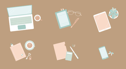 くすみカラーの俯瞰ビジネス小物セット（背景色あり）／ミニマルな6点フラットレイ