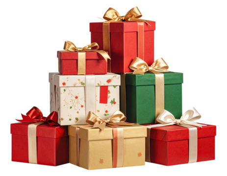 Stack of colorful christmas gift boxes with ribbons isolated on transparent background