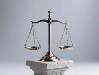 Golden Balance Scales Of Justice On Marble Pedestal Symbolizing Fairness And Law. A polished golden balance scales sit centered on a white marble base, conveying justice, fairness, and impartial law. 