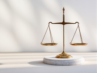 Golden Balance Scales Of Justice On Marble Pedestal Symbolizing Fairness And Law. A polished golden balance scales sit centered on a white marble base, conveying justice, fairness, and impartial law. 