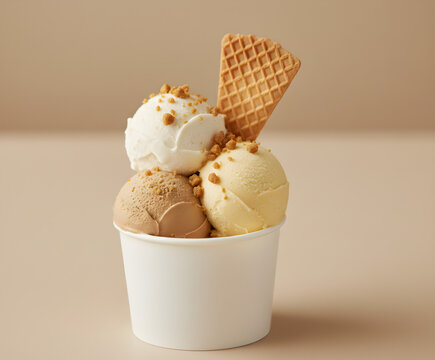 Soft-colored gelato displayed beautifully in a cup with crispy waffle.