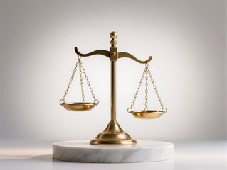 Golden Balance Scales Of Justice On Marble Pedestal Symbolizing Fairness And Law. A polished golden balance scales sit centered on a white marble base, conveying justice, fairness, and impartial law. 