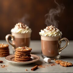 Cozy hot chocolate with whipped cream and cookies on a table