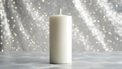 Elegant white candle burning softly against a shimmering silver backdrop