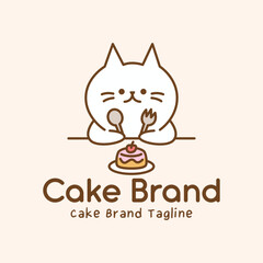 Charming bakery logo featuring cat mascot sitting at table with cake and utensils. Kawaii-style illustration for dessert shop branding and packaging design.