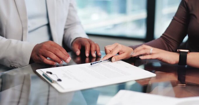 Signature, meeting and hands of business people in office for legal protection, license agreement and deal. Patent registration, policy paperwork and sign up with employees in agency for contract