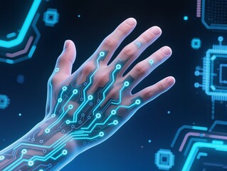 Futuristic Hand With Glowing Circuitry and Microchips, High-Tech Technology Concept for Innovation and AI. A translucent, illuminated hand reveals a central microchip and glowing circuitry.