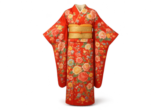 Stunning red Japanese kimono with floral patterns isolated on transparent background