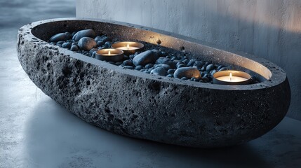 Zen Stone Bowl with Pebbles and Tealight Candles