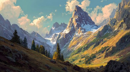 Mountainous countryside at sunset with rolling grassy hills, scattered trees, and soft golden evening light fading into distant hazy ridges and valleys creating a serene rural natural landscape