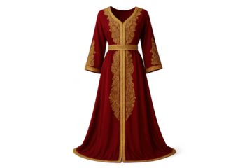 Elegant red kaftan with intricate gold embroidery, isolated on transparent background