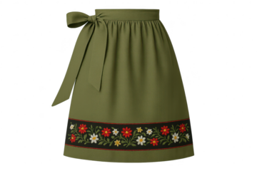 Green dirndl apron with floral embroidery, isolated on transparent background.