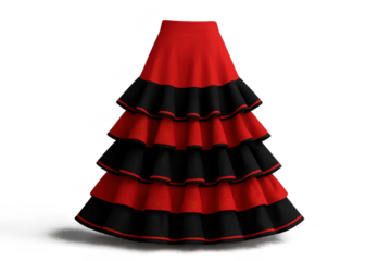 Vibrant red and black tiered flamenco skirt isolated on transparent background