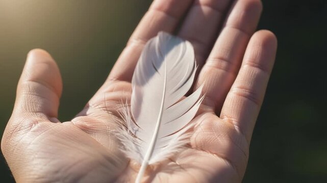 手のひらの上にそっと置かれた白い羽根