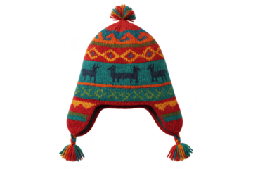 Traditional Chullo hat, colorful patterns, isolated on transparent background.