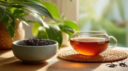 Fresh Tea Leaves and Glass of Amber Tea on Wooden Table