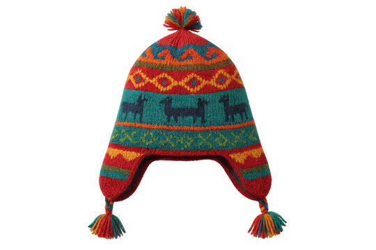 Traditional Chullo hat, colorful patterns, isolated on transparent background.