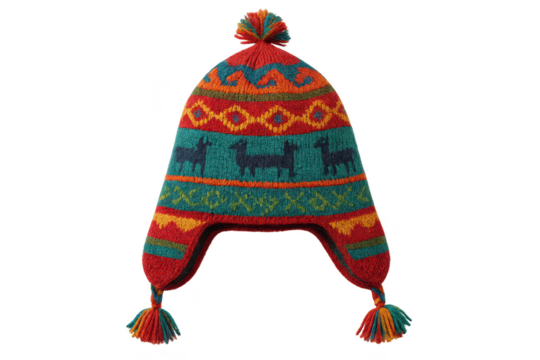 Traditional Chullo hat, colorful patterns, isolated on transparent background.