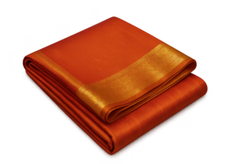 Vibrant orange saree with golden border, folded, isolated on transparent background.