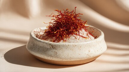 Saffron Threads in Minimalist Ceramic Bowl