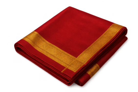 Vibrant red silk fabric with ornate golden border, isolated on transparent background