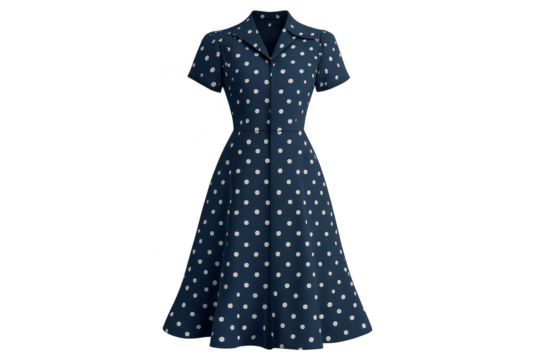 Classic navy blue polka dot dress with short sleeves, isolated on transparent background