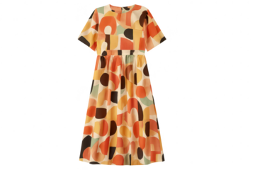 Colorful abstract patterned midi dress, isolated on transparent background.