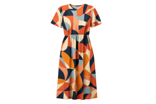 Women's midi dress, vibrant abstract pattern, isolated with no background. - Powered by Adobe
