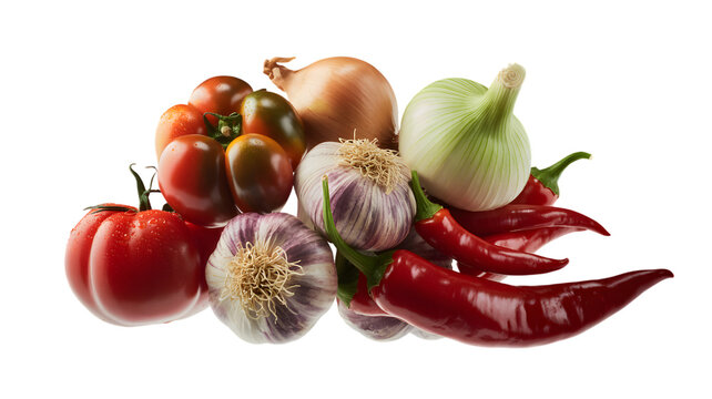 Fresh vegetables including tomatoes onions garlic and red chili peppers stacked on transparent background