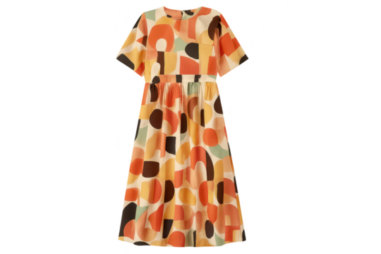 Colorful abstract patterned midi dress, isolated on transparent background.
