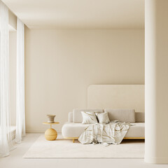 Neutral minimalist living room with low sofa, sculptural side table and generous negative space in soft modern interior. 3D illustration