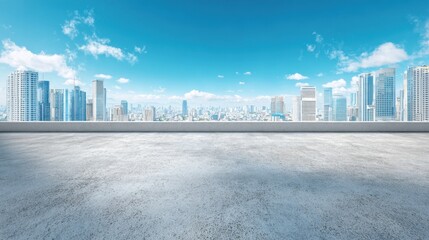 Obraz premium A vast rooftop offers a stunning view of a modern city skyline filled with tall buildings under a bright blue sky. The scene is calm and inviting perfect for outdoor activities.