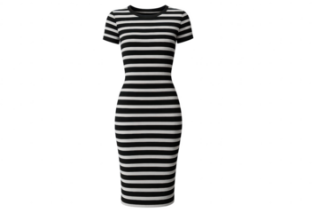 Fashionable black and white striped bodycon midi dress, transparent background.