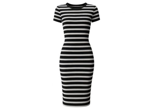 Fashionable black and white striped bodycon midi dress, transparent background.
