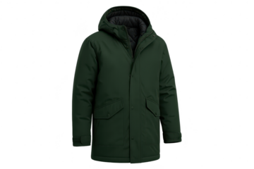 Dark green men's hooded winter parka jacket, isolated on transparent background.